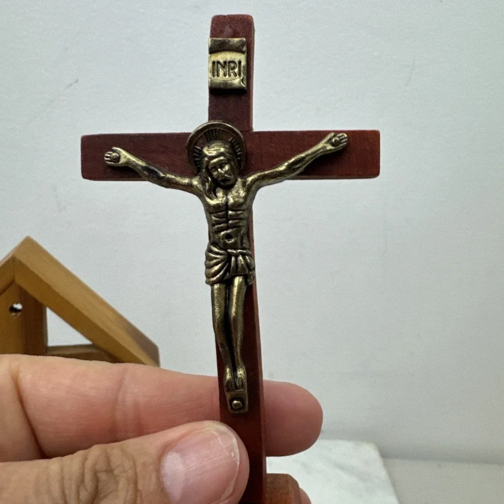 2 Vintage Wooden Crucifix Alter & Prayer Religious Candle Holder Made in USA